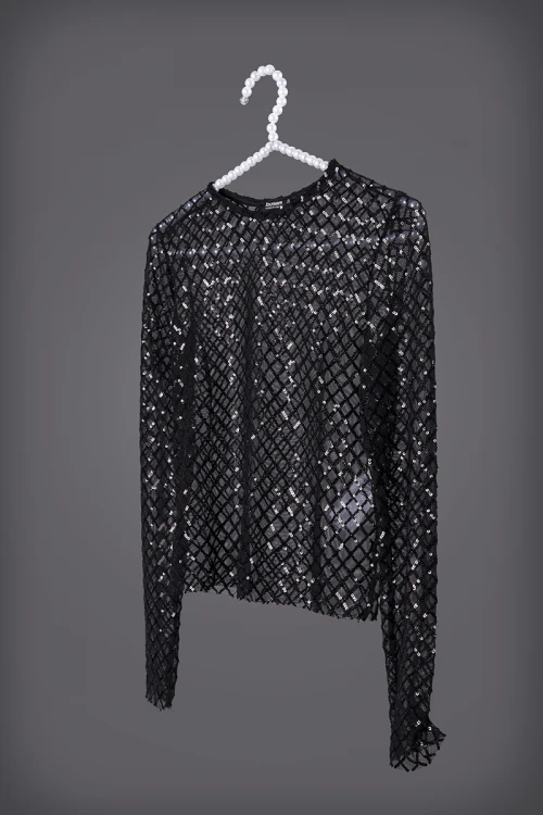 بلوزة نسائي أنيقة لون أسود لامع قماش ترتر بالكامل شفاف أكمام طويلة