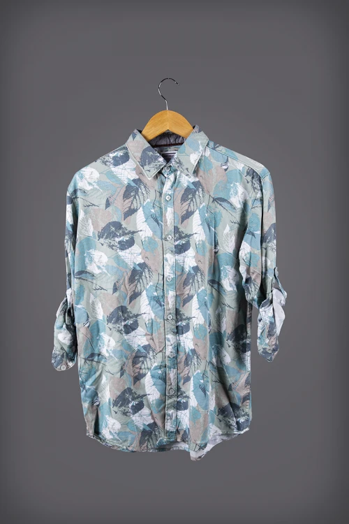 قميص رجالي أنيق قماش مشجر أكمام طويلة بياقة و أزرار من الأمام