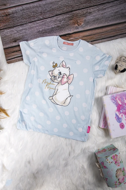 بيجاما بناتي أنيقة قطعتين تي شيرت أكمام قصيرة بكتابات و رسمة لولو كاتي مع بنطلون ضيق طويل