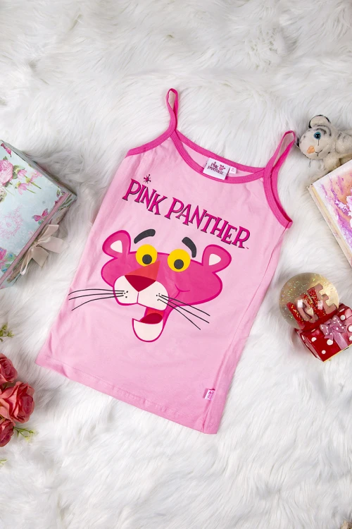 بيجاما بناتي أنيقة قطعتين لون وردي بدون أكمام عليها كتابات و رسومات النمر الوردي