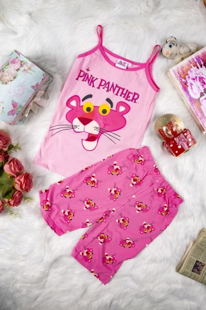 بيجاما بناتي أنيقة قطعتين لون وردي بدون أكمام عليها كتابات و رسومات النمر الوردي  