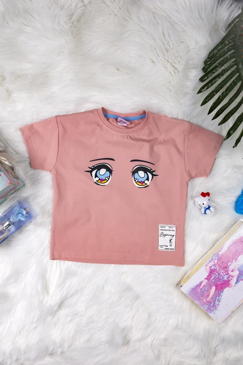 طقم بناتي أنيق قطعتين تيشرت لون خربزي أكمام قصيرة بطيعات من الأمام و بنطلون بزم ورباط على الخصر