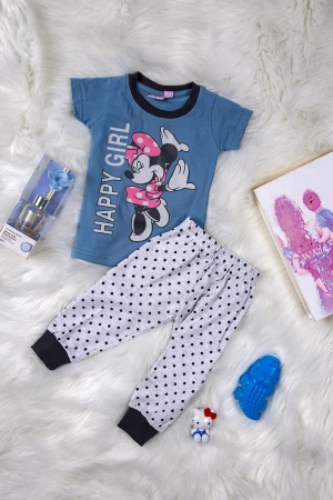 بيجاما بناتي أنيقة قطعتين تي شيرت لون أزرق أكمام قصيرة بكتابات و طبعة ميني ماوس و بنطلون رمادي منقط أسود 