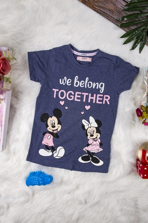 بيجاما بناتي أنيقة قطعتين تيشرت أكمام قصيرة بكتابات و رسوم ميكي و ميني ماوس و بنطلون سادة مخطط
