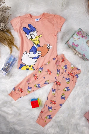 بيجاما بناتي أنيق قطعتين لون برتقالي تي شيرت بأكمام قصيرة و رسومات بطوط من الأمام وبطلون ضيق من الأسفل   