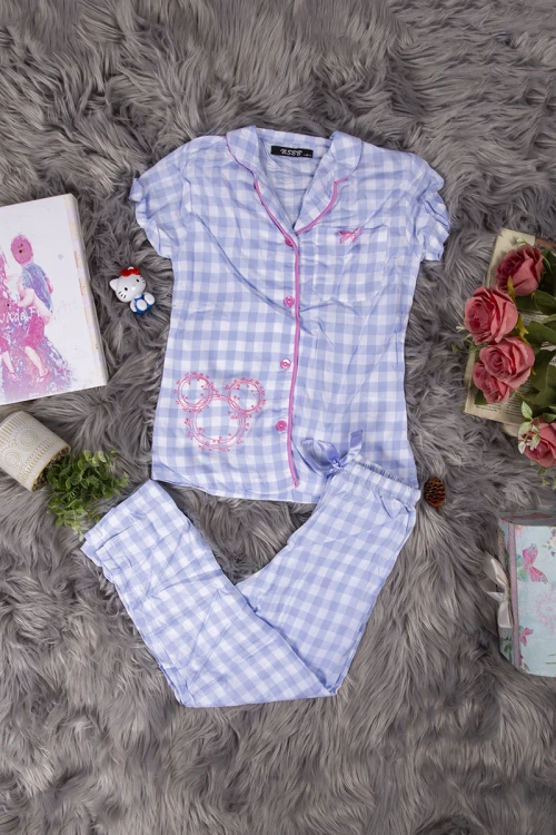 بيجاما بناتي أنيقة قطعتين قميص كاروهات أكمام قصيرة بياقة و أزرار أمامية وبنطلون برباط على الخصر