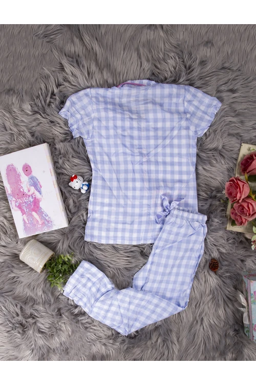 بيجاما بناتي أنيقة قطعتين قميص كاروهات أكمام قصيرة بياقة و أزرار أمامية وبنطلون برباط على الخصر