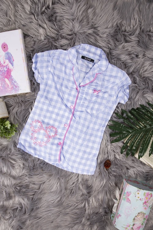 بيجاما بناتي أنيقة قطعتين قميص كاروهات أكمام قصيرة بياقة و أزرار أمامية وبنطلون برباط على الخصر