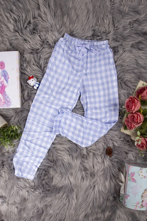 بيجاما بناتي أنيقة قطعتين قميص كاروهات أكمام قصيرة بياقة و أزرار أمامية وبنطلون برباط على الخصر