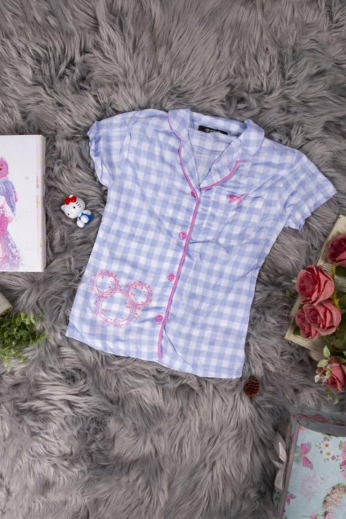 بيجاما بناتي أنيقة قطعتين قميص كاروهات أكمام قصيرة بياقة و أزرار أمامية وبنطلون برباط على الخصر