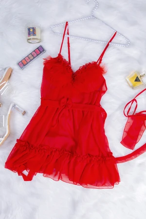 قميص لانجري نسائي قطعتين لون أحمر قماش شيفون وريش من الصدر 