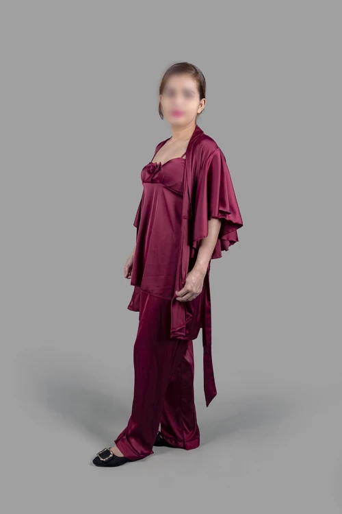 قميص بيجاما لانجري نسائي 3 قطع لون عودي قماش ستان أرميني بفيونكة من الأمام ورباط على الخصر 