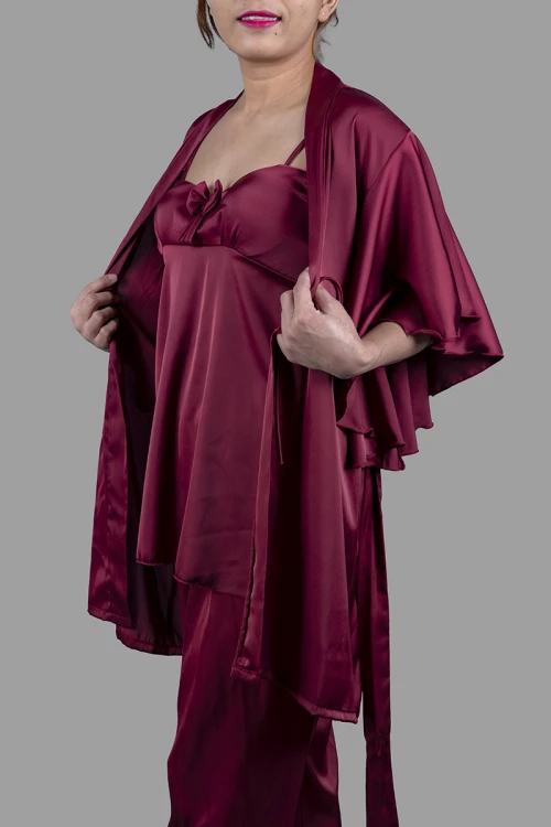 قميص بيجاما لانجري نسائي 3 قطع لون عودي قماش ستان أرميني بفيونكة من الأمام ورباط على الخصر 