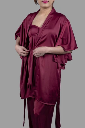 قميص بيجاما لانجري نسائي 3 قطع لون عودي قماش ستان أرميني بفيونكة من الأمام ورباط على الخصر 