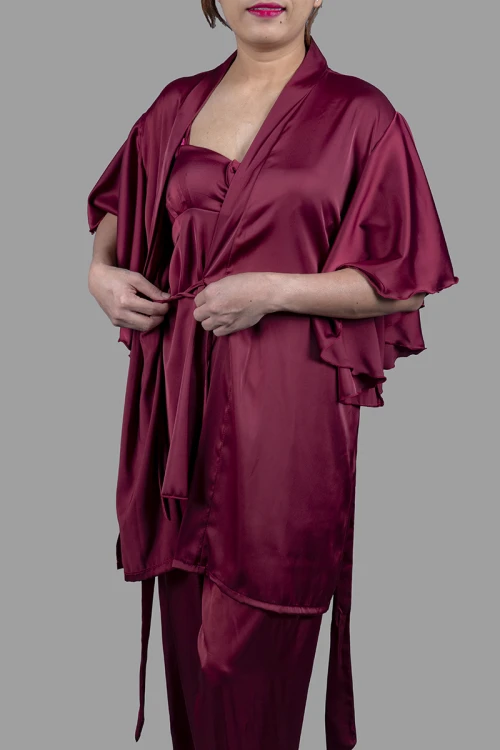 قميص بيجاما لانجري نسائي 3 قطع لون عودي قماش ستان أرميني بفيونكة من الأمام ورباط على الخصر 