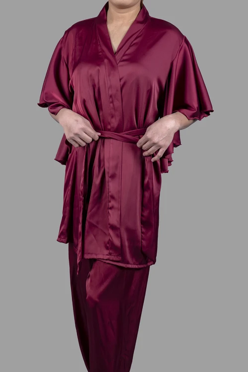 قميص بيجاما لانجري نسائي 3 قطع لون عودي قماش ستان أرميني بفيونكة من الأمام ورباط على الخصر 