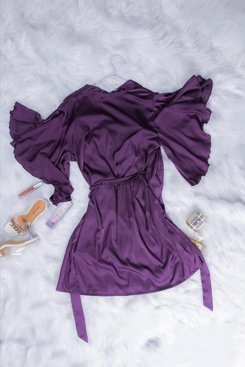 قميص لانجري نسائي قصير  قطعتين لون موف قماش حرير أكمام واسعة 