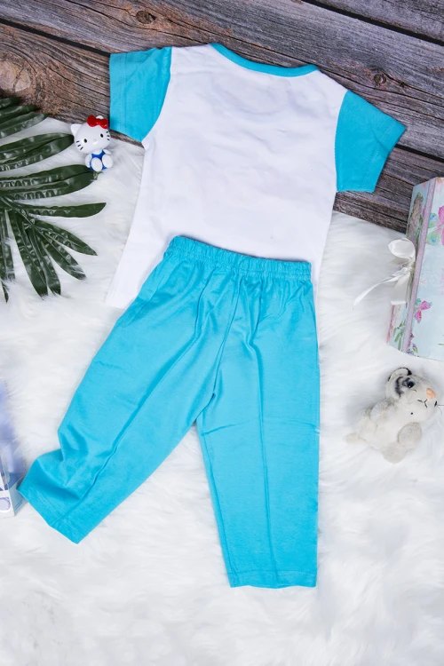 طقم بيجاما بناتي قطعتين تيشرت أكمام قصيرة بكتابات من الأمام مع بنطلون طويل
