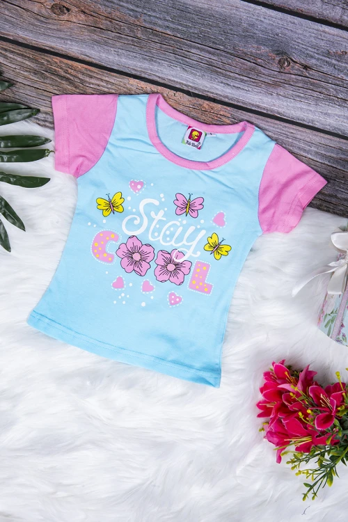 طقم بيجاما بناتي قطعتين تيشرت أكمام قصيرة بكتابات من الأمام مع بنطلون طويل