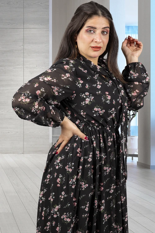 فستان نسائي أنيق قماش شيفون مشجر طويل برباط على الرقبة وزم من الخصر و الأكمام 