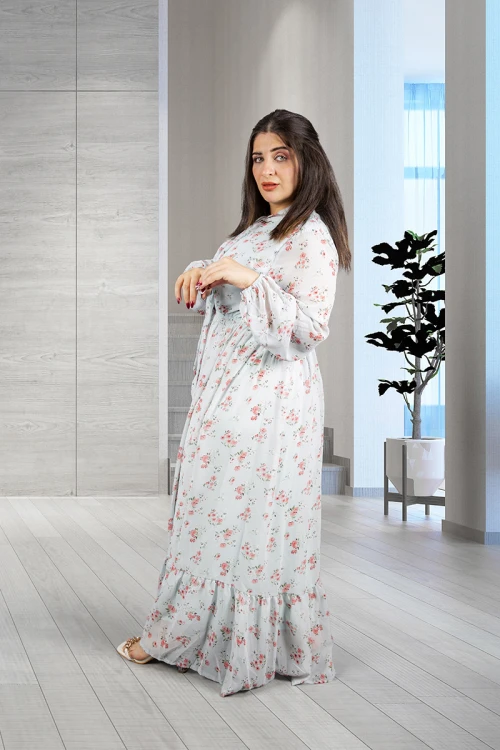 فستان نسائي أنيق قماش شيفون مشجر طويل برباط على الرقبة وزم من الخصر و الأكمام 