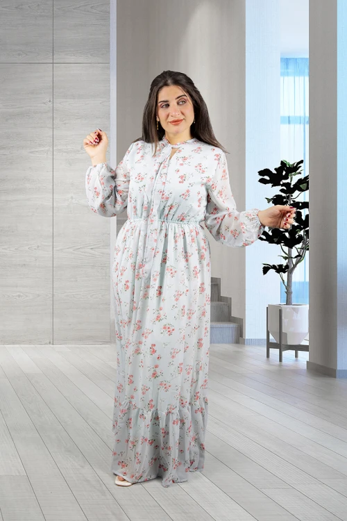 فستان نسائي أنيق قماش شيفون مشجر طويل برباط على الرقبة وزم من الخصر و الأكمام 