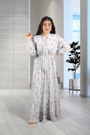 فستان نسائي أنيق قماش شيفون مشجر طويل برباط على الرقبة وزم من الخصر و الأكمام 