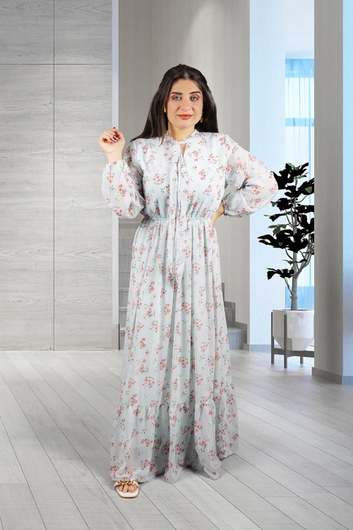 فستان نسائي أنيق قماش شيفون مشجر طويل برباط على الرقبة وزم من الخصر و الأكمام 