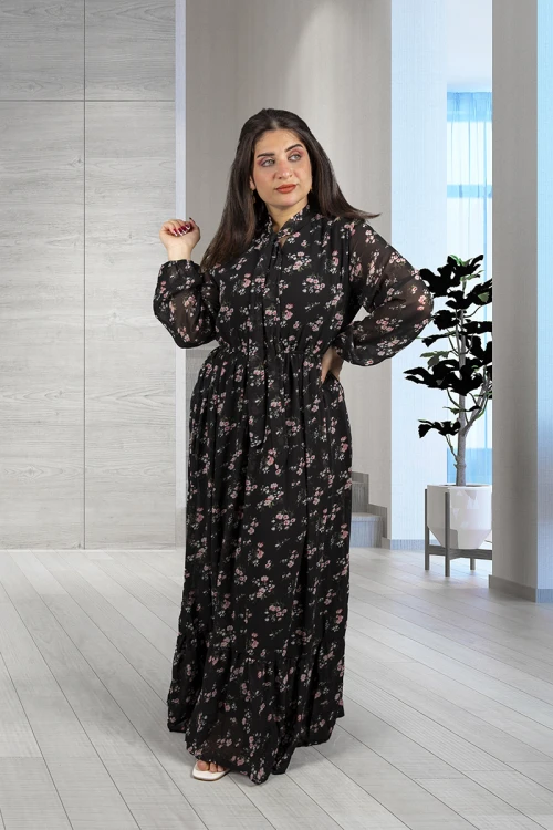 فستان نسائي أنيق قماش شيفون مشجر طويل برباط على الرقبة وزم من الخصر و الأكمام 