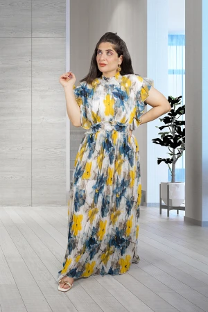 فستان نسائي أنيق قماش مشجر بدون أكمام بقصة صدر عالية بزم وكرانيش على الأكتاف والخصر