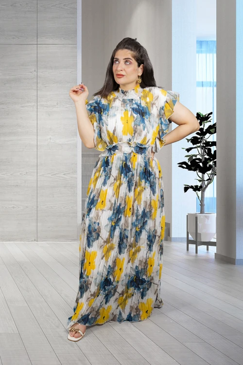 فستان نسائي أنيق قماش مشجر بدون أكمام بقصة صدر عالية بزم وكرانيش على الأكتاف والخصر