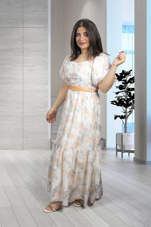 فستان نسائي أنيق قماش مشجر قصير بقصدر مربعة مفتوحة بأزرار من الأمام و زم على الأكمام وحزام على الخصر 