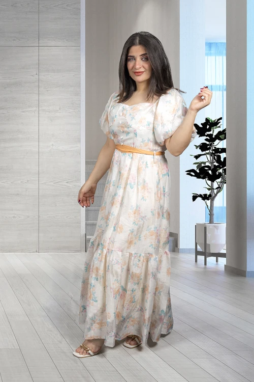 فستان نسائي أنيق قماش مشجر قصير بقصدر مربعة مفتوحة بأزرار من الأمام و زم على الأكمام وحزام على الخصر 