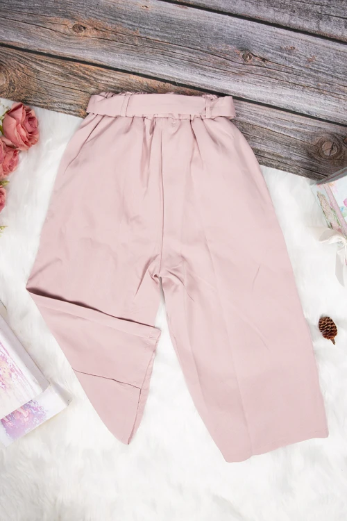 بنطلون بناتي واسع أنيق لون وردي بجيوب من الأمام و رباط على الخصر