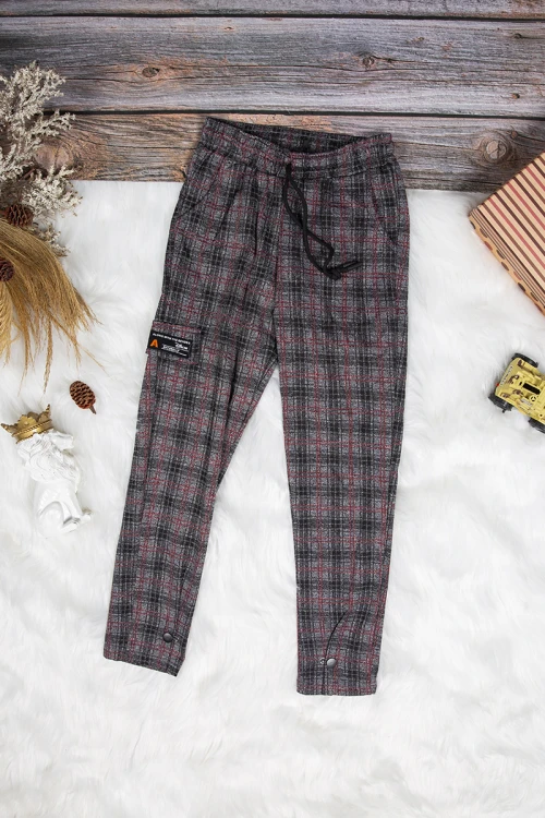 بنطلون بناتي سكيني أنيق كاروهات بجيوب من الأمام ورباط على الخصر