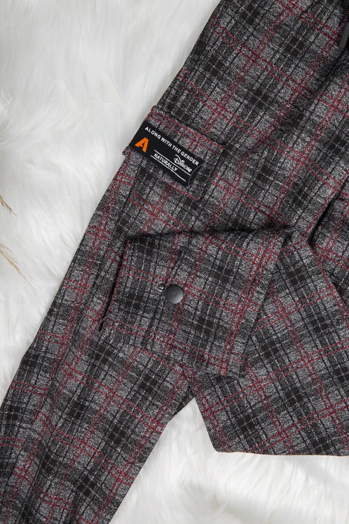 بنطلون بناتي سكيني أنيق كاروهات بجيوب من الأمام ورباط على الخصر