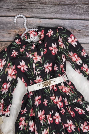 فستان بناتي أنيق مشجر اكمام طويلة و ربطة على الرقبة وحزام خارجي على الخصر