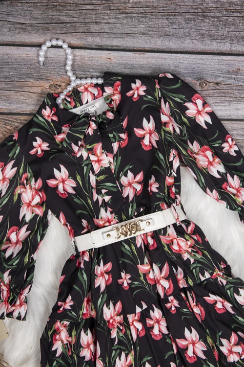 فستان بناتي أنيق مشجر اكمام طويلة و ربطة على الرقبة وحزام خارجي على الخصر