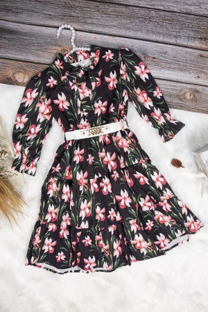 فستان بناتي أنيق مشجر اكمام طويلة و ربطة على الرقبة وحزام خارجي على الخصر