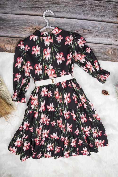 فستان بناتي أنيق مشجر اكمام طويلة و ربطة على الرقبة وحزام خارجي على الخصر