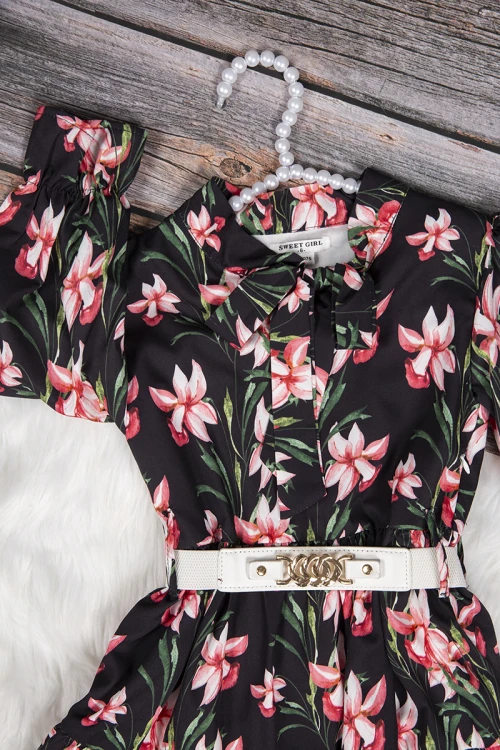 فستان بناتي أنيق مشجر اكمام طويلة و ربطة على الرقبة وحزام خارجي على الخصر