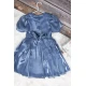 فستان بناتي أنيق قصير  لون أزرق أكمام قصيرة منفوخة و حزام مزين بكريستال على الخصر