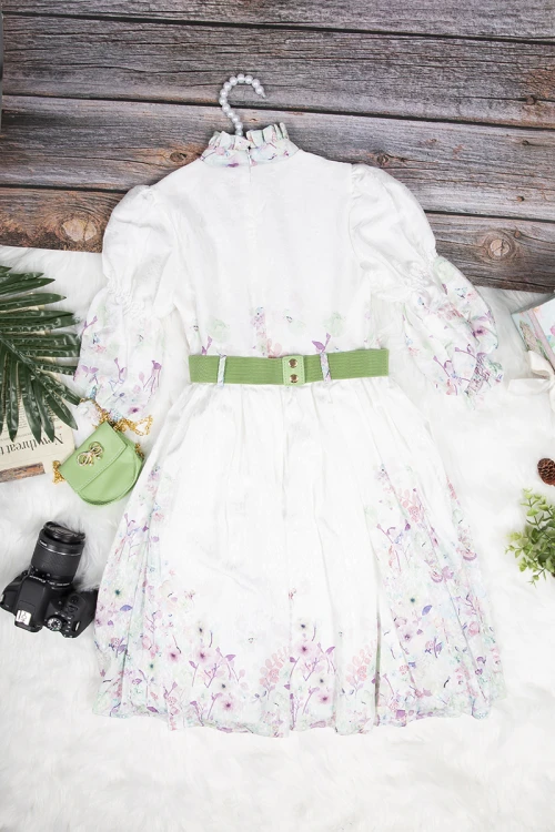 فستان بناتي أنيق مشجر ياقة عالية بأزرار وحزام خارجي على الخصر مع شنطة صغيرة 