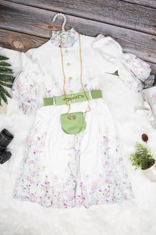 فستان بناتي أنيق مشجر ياقة عالية بأزرار وحزام خارجي على الخصر مع شنطة صغيرة 