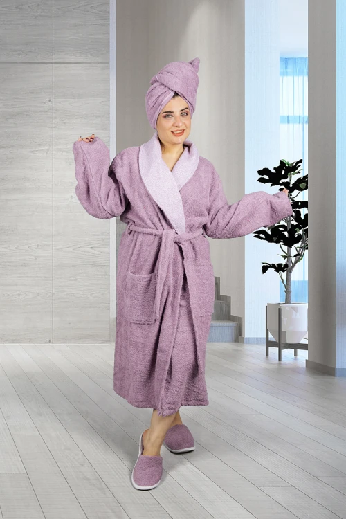 طقم روب حمام طويل لون موف  5 قطع يتكون من روب  ومنشفة كبيرة ومنشفة رأس وقفاز غسيل و شبشب 