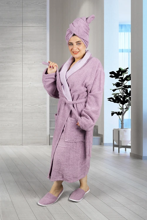 طقم روب حمام طويل لون موف  5 قطع يتكون من روب  ومنشفة كبيرة ومنشفة رأس وقفاز غسيل و شبشب 