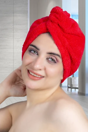 منشفة حمام قطن للرأس لون أحمر لف بزار قفل من الخلف 
