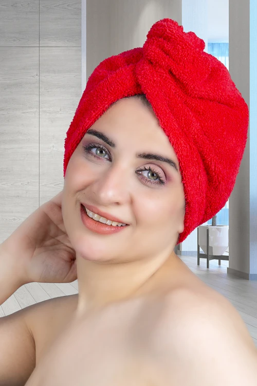 منشفة حمام قطن للرأس لون أحمر لف بزار قفل من الخلف 