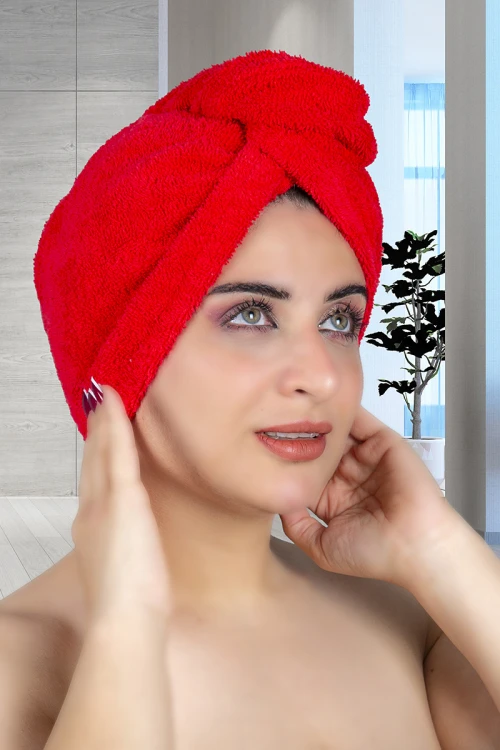 منشفة حمام قطن للرأس لون أحمر لف بزار قفل من الخلف 