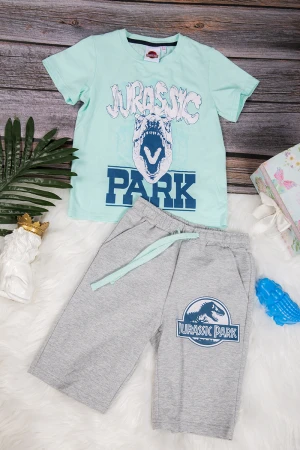 طقم ولادي قطعتين أنيق تي شيرت لون سماوي برسومات من الأمام و شورت رمادي قصير برباط على الخصر